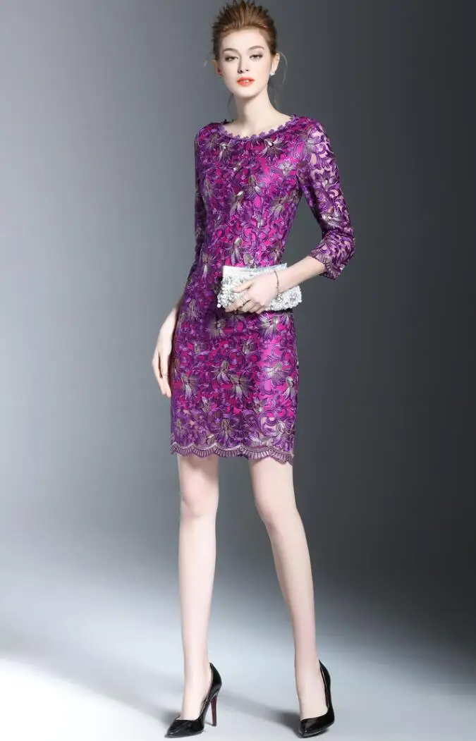 Новое осеннее модное платье, женское платье с круглым воротником, с рукавом в семь точек, расшитая накидка, вечернее платье фиолетового цвета, размер M-4XL