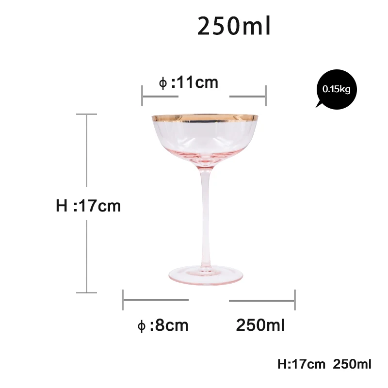 Контур в золотом хрустальном стекле коктейль Кубок для шампанского бокалы десерт Питьевая чашка бокал для вина домашняя посуда для напитков стеклянные чашки розовый - Цвет: 250ml