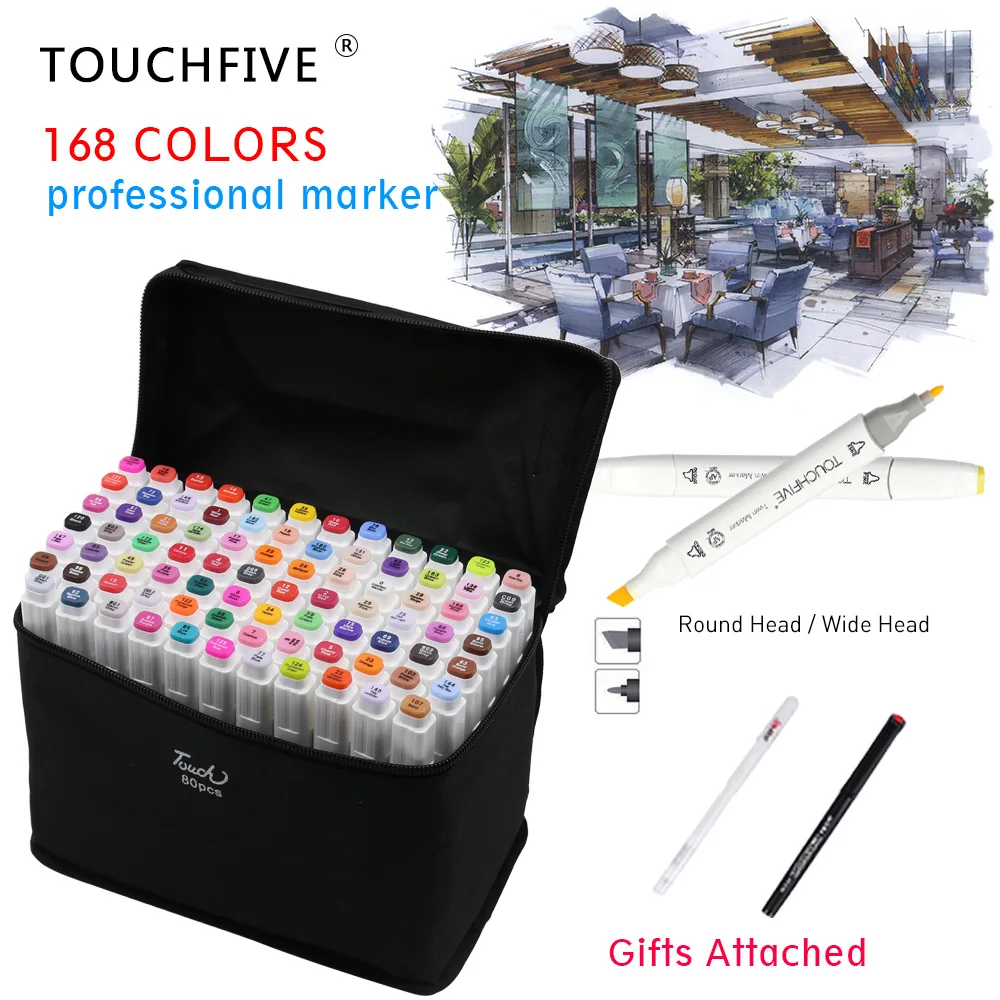 

TouchFIVE 168 Colors Art Marker Set Alcohol Based Brush Pen Liner Dual Head Student Sketch Markers Drawing Manga Art Supplies