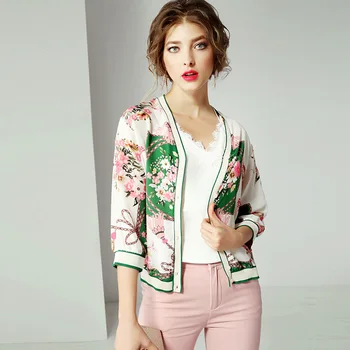 

High Quality 100% Silk Jacket Women Lightweight Fabric Printed Long Sleeves Casual Bomber Coat Fashion Style New Fashion 2019