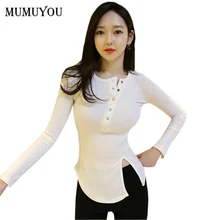 Женские тонкие хлопковые топы с разрезом, асимметричный воротник, полная длина, сплошной цвет, повседневная сексуальная футболка с пуговицами, обычный рукав SMT-A016