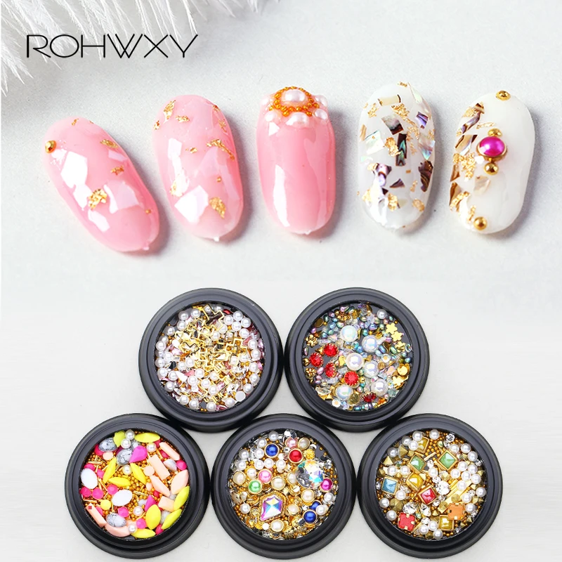 

ROHWXY 1 Box Mixed Colorful Rhinestones For Nails 3D Nail Art Decoration Manicure DIY Design Nail Supplies