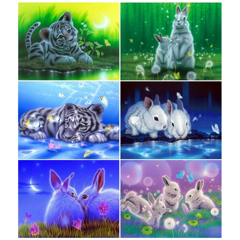 5D Diy Diamond Painting Animal Tiger Rabbit Pattern Embroidery full circular Drills Cross Stitch | Дом и сад