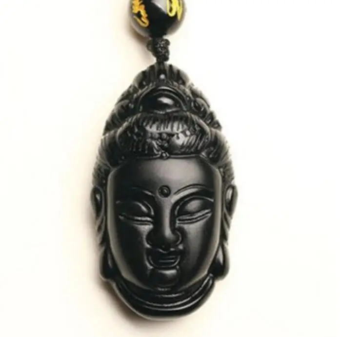 

Hot Beautiful 36x21x15mm Chinese Handicraft Black Obsidian Carved Lucky Blessing GuanYin Amulet pendant necklace
