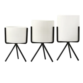 

1pc White Garden Ceramic Desktop Planter Succulent Plant Pot with Iron Metal Round Stand Holder Bonsai Pots Flowerpot Set