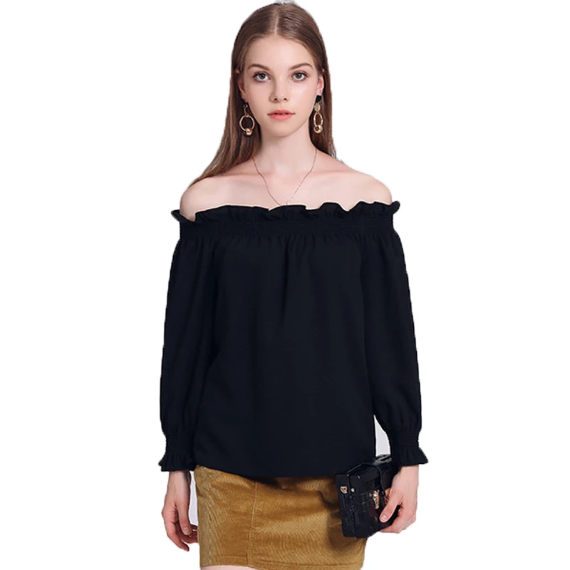 

AcFirst Spring Fashion White Blouses Slash Neck One Shoulder Ruffles Sexy Chiffon Long Sleeve Women Tops Plus Size XXL