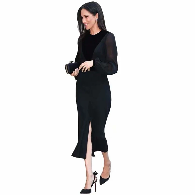 

Meghan Markle Catwalk With The Designer Retro Fashion Black Dress Velvet Stitching High Quality Party Autumn Women'S Clothing