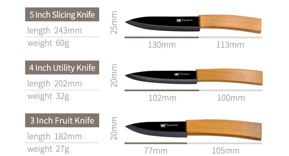 XYj, керамические кухонные ножи, 3, 4, 5 дюймов, поварской нож, набор, Белый/Черный Цирконий, лезвие, Бамбуковая ручка, Кливер, высокое качество, резак