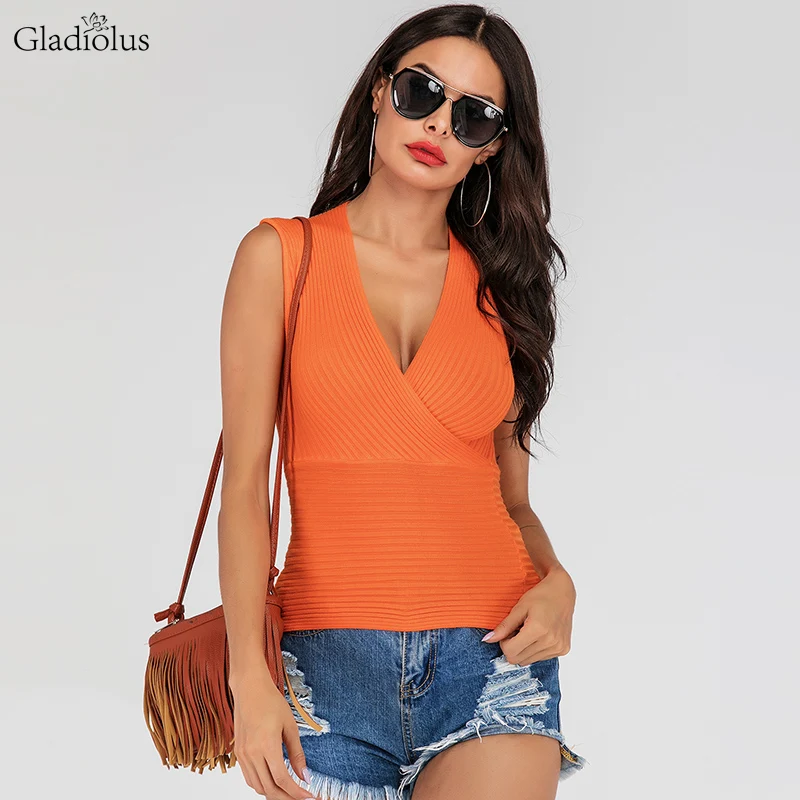 

Gladiolus Knitted Top Women Sleeveless Cross V Neck Orange Tank Top Women T shirt 2019 Summer Sexy Camis Short Ladies Tops Vest