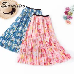 Surmiitro ледяная шелковая летняя миди юбка женская 2019 корейская Цветочная Печать Высокая талия линия плиссированная солнце школьная длинная