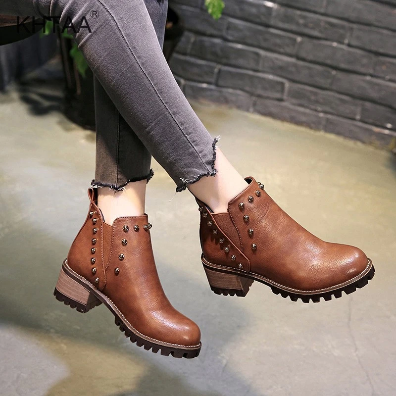 

Medium Heels Women's Ankle Chelsea Boots Autumn Elastic Band Rivets Platform Ladies Shoes 2018 European Winter Female Footwear