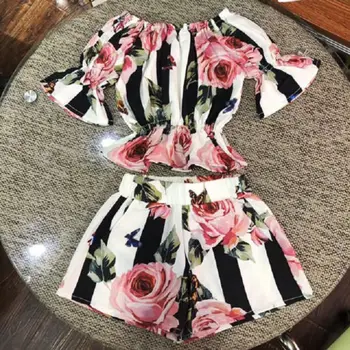 

2pcs Toddler Kids Girls clothes set Stripe Floral Tunic Tops +Shorts Outfits Set Clothes 1-6y