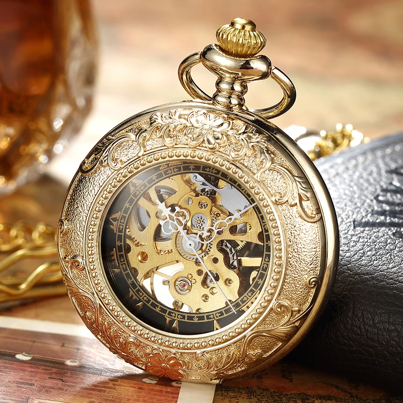 

Retro Steampunk Mechanical Pocket Watch Bronze Flower Laser Engraved Fob Chain Box Package Men Women Flip Watches Skeleton Clock