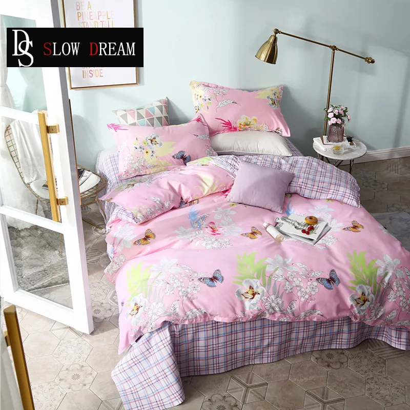 

SLOWDREAM Bedding Set Flower Nordic Comforter Double Flat Sheet Butterfly Bedspread Duvet Cover Adult Queen King Bed Linen Set