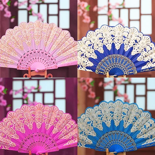 خمر الصينية العرقية نمط الرقص حزب الزفاف الذهبي لهجة باليد زهرة مروحة قابلة للطي