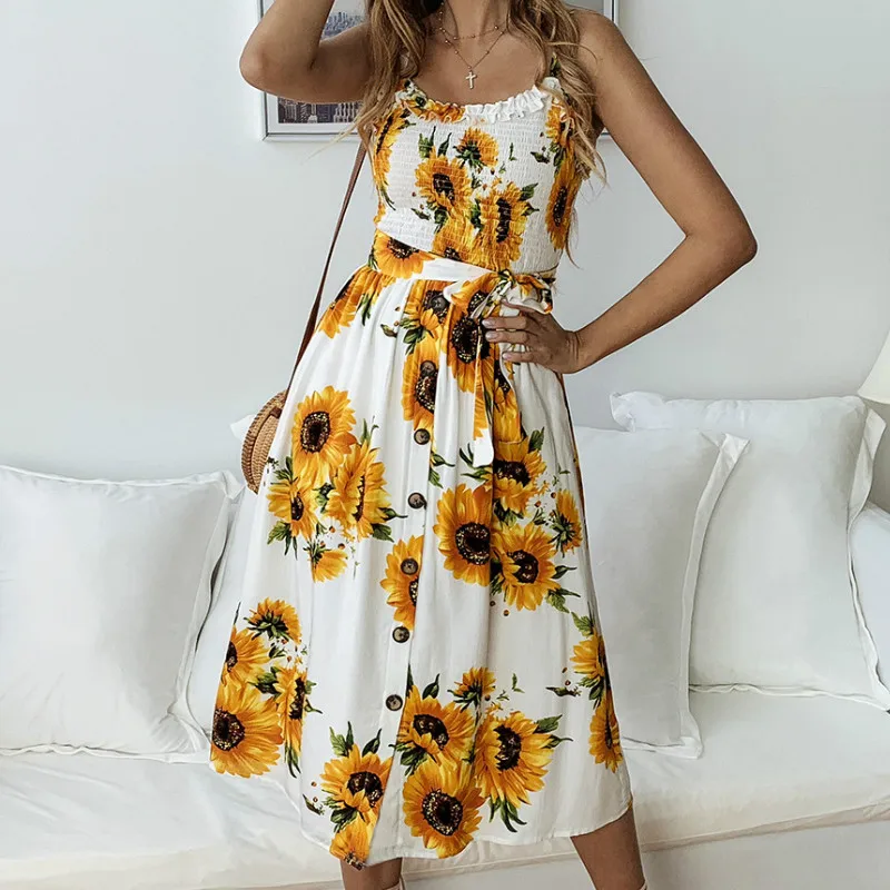 

2019 Boho Summer Beach Dress Women Fashion Casual Sexy Backless Sashes Floral Print Sunflower SunDress Plus Size Femme M0583