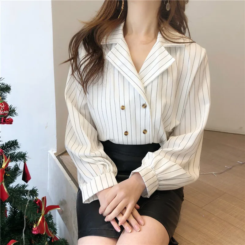 

Double Row Button White Striped Work Shirt Notched Office Blouse Women Lantern Long Sleeve Casual Top Autumn Ladies Black Blouse