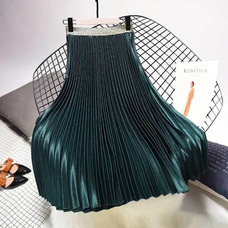 Qooth зимняя женская элегантная плиссированная юбка с эластичной резинкой на талии, Женская длинная юбка, Женская Осенняя Высококачественная юбка миди Saia