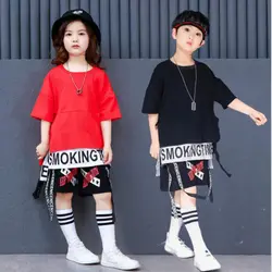 Для мальчиков и девочек Свободные печати бальных Современный Джаз Хип-хоп Танцы Костюмы комплект одежды для детей футболка топы и шорты