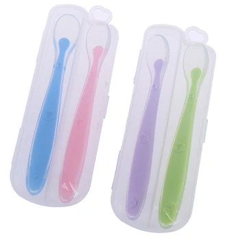 

2PCS Silicone Non-sticky Baby Girls And Boys Solid Color Feeding Spoon Mummy Safe Soft Feeding Baby Eating Soft Patchwork Spoon