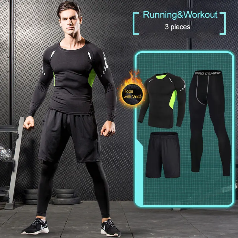 Быстросохнущие спортивные костюмы для мужчин, компрессионные костюмы для бега, дышащая Спортивная одежда для баскетбола, тренажерного зала, теплая одежда для тренировок, фитнеса - Цвет: GreenVelvet3pcs