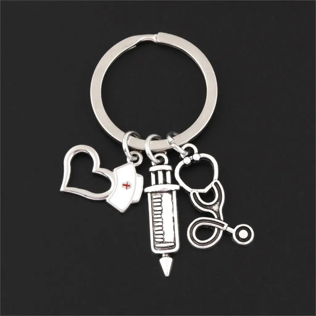 

1Pc Vintage Stethoscope Syringe Charms Keyring Nurse Cup Medicine For Graduation Student Gift Jewelry Supplies E2590