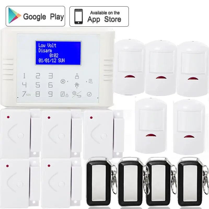 

433mhz Wireless Lcd display sms telephone quadband GSM PSTN home security alarm system App control anti-theft alarm +door sensor