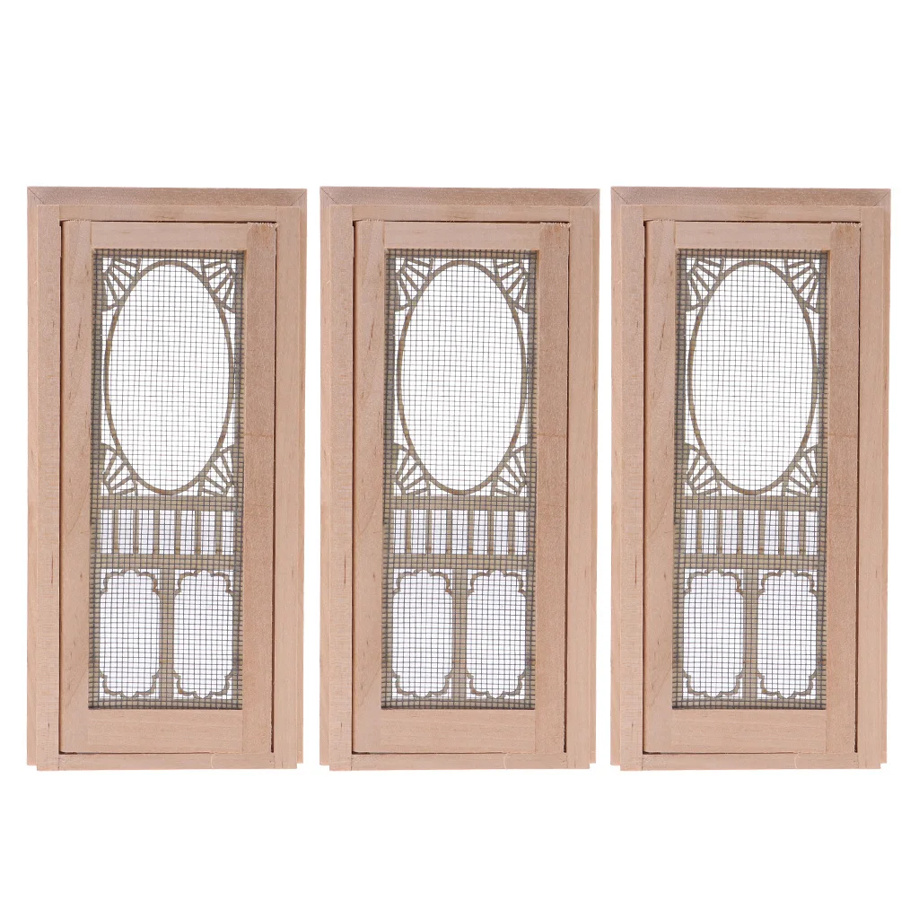 3 Set 1/12 Dollhouse Miniature Wood External Hollow Screen Door Unpainted