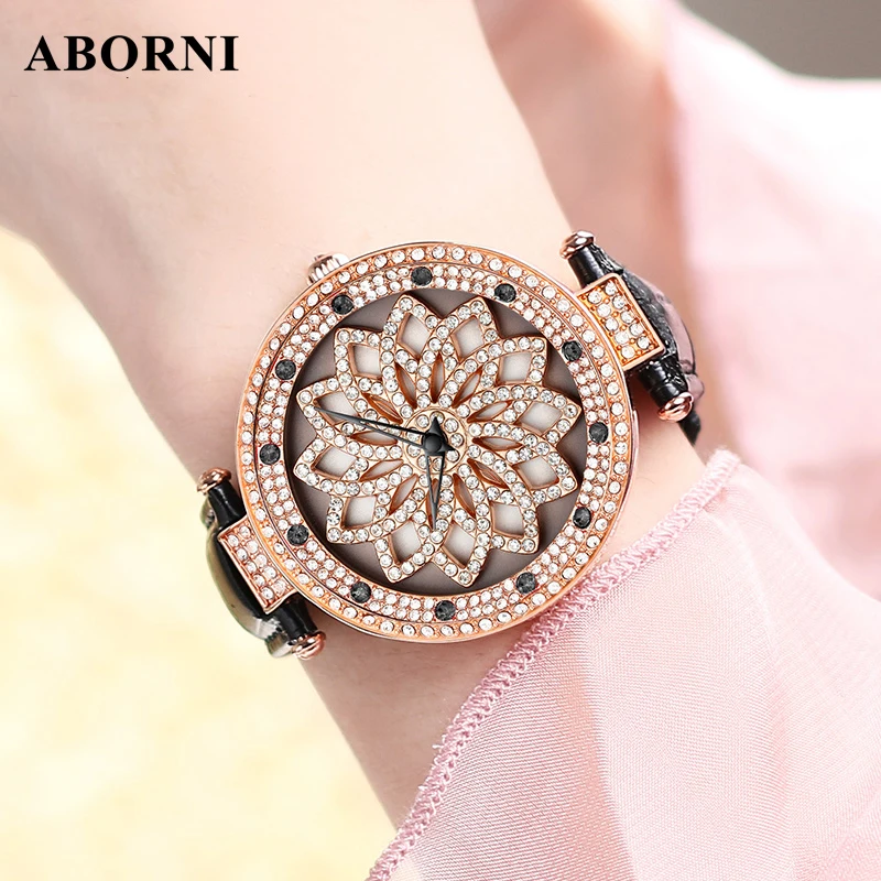 

Rose Gold Rotation Flower Crystal Women Watches Luxury Female Clock Leather Casual Quartz Ladies Watch Waterproof montre femme