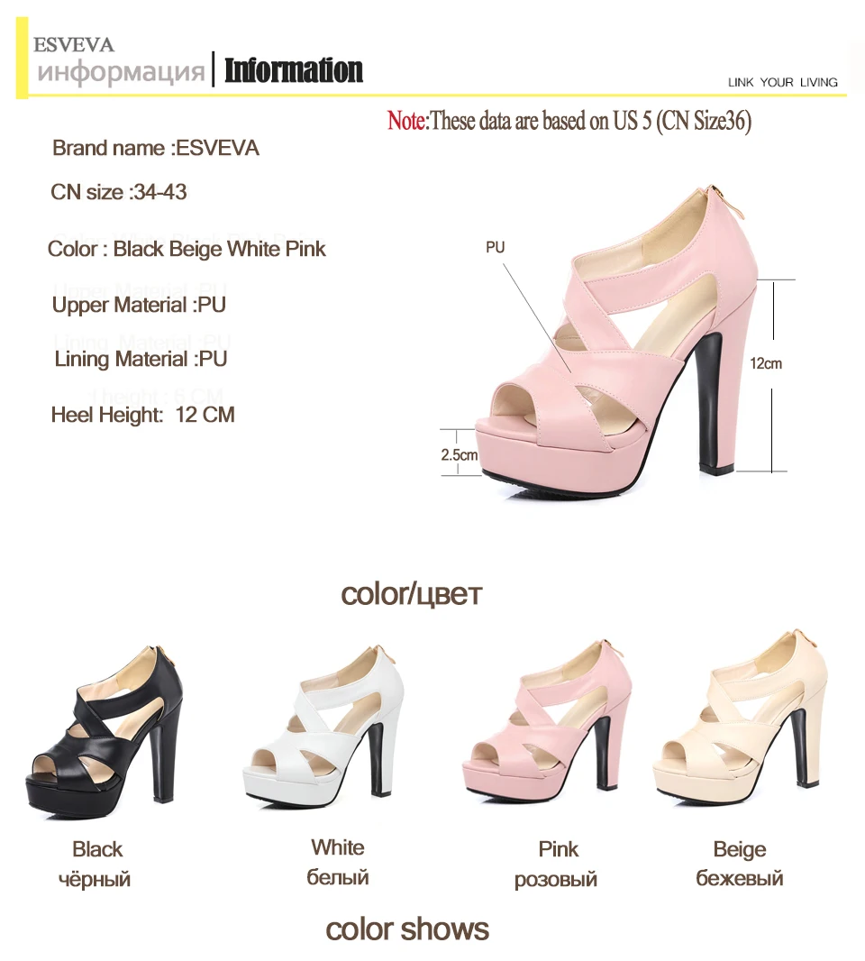 ESVEVA Women Shoes Sexy Peep Toe White Gladiator Summer square High Heels Woman Pumps Zip Wedding Party Shoes Size 34-43