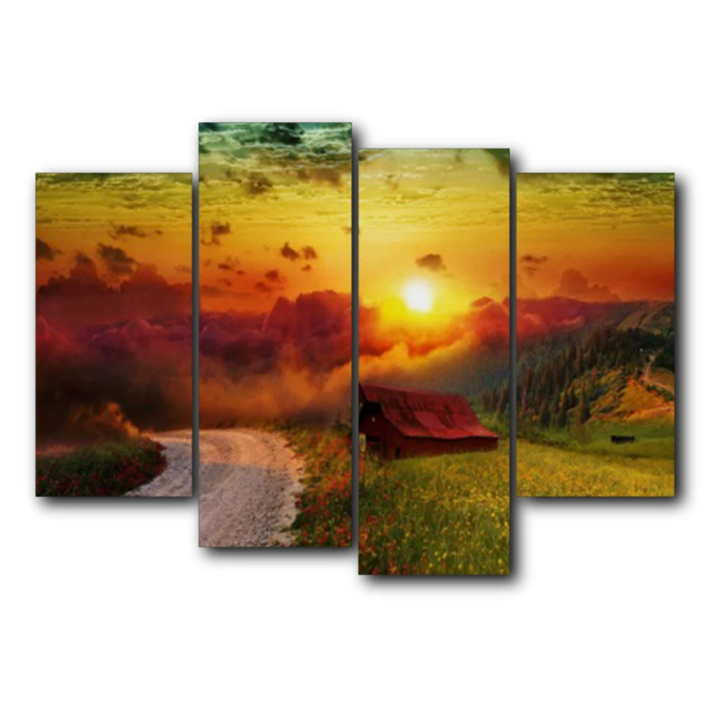 

Rural Landscape Sunrise Trees Flowers Paint On Canvas Wall Art Abstract Calligraphy Painting For Living Room Home Decor No Frame