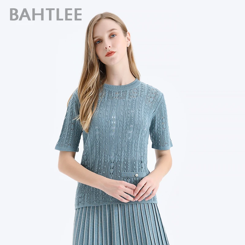 

BAHTLEE Summer women Lace Knitted Pearl Sweaters Short sleeves O-neck Merino Wool Pullovers T-shirt Jumper