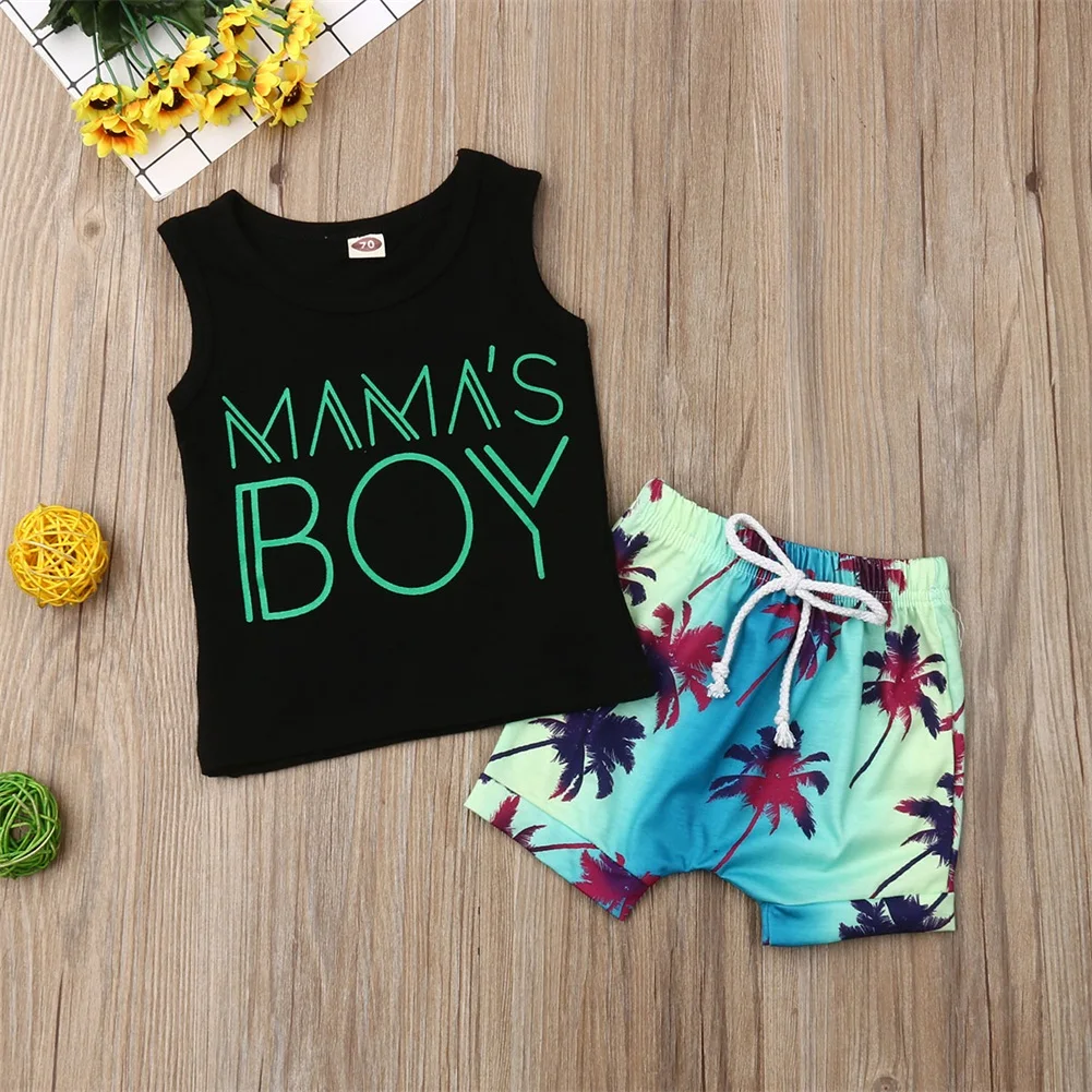 Комплекты одежды для новорожденных мальчиков, футболка без рукавов с буквенным принтом+ пляжные шорты, одежда для мальчиков, летняя одежда, новинка