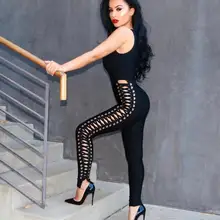 Новое поступление, женский сексуальный комбинезон с v-образным вырезом, черный комбинезон,, облегающий трикотажный комбинезон со шнуровкой