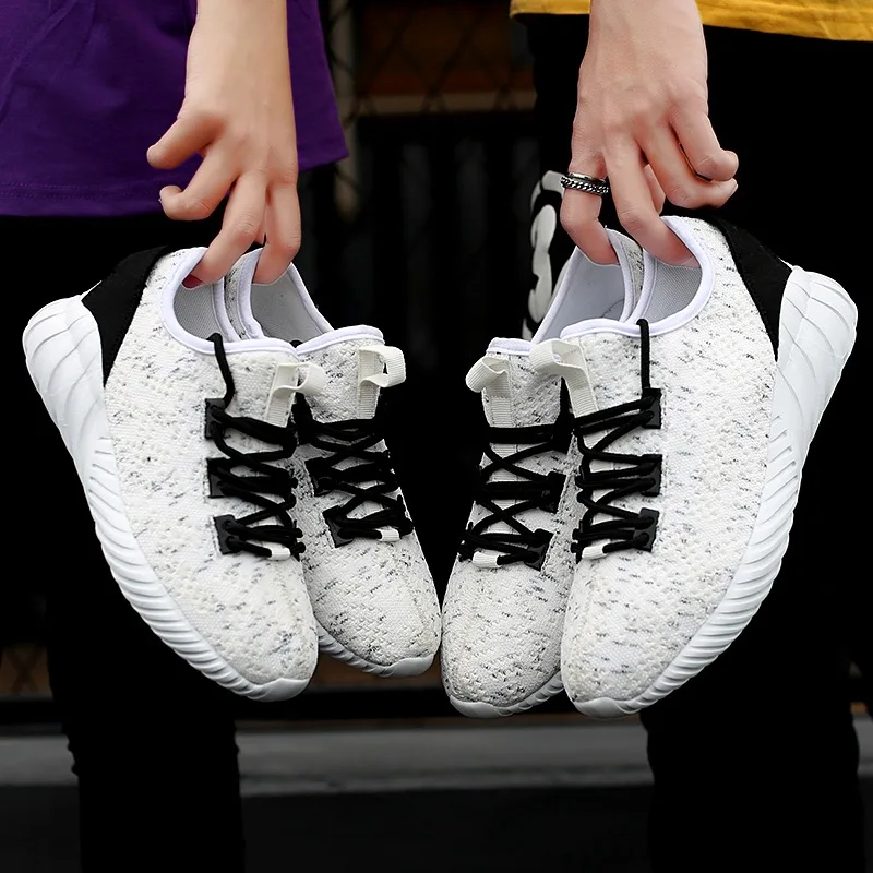 

2019 Fashion Men Shoes Male Trainers Sneakers Casual Weaving Fly Mesh Breathable Light Soft Black Slipon Mens Shoes