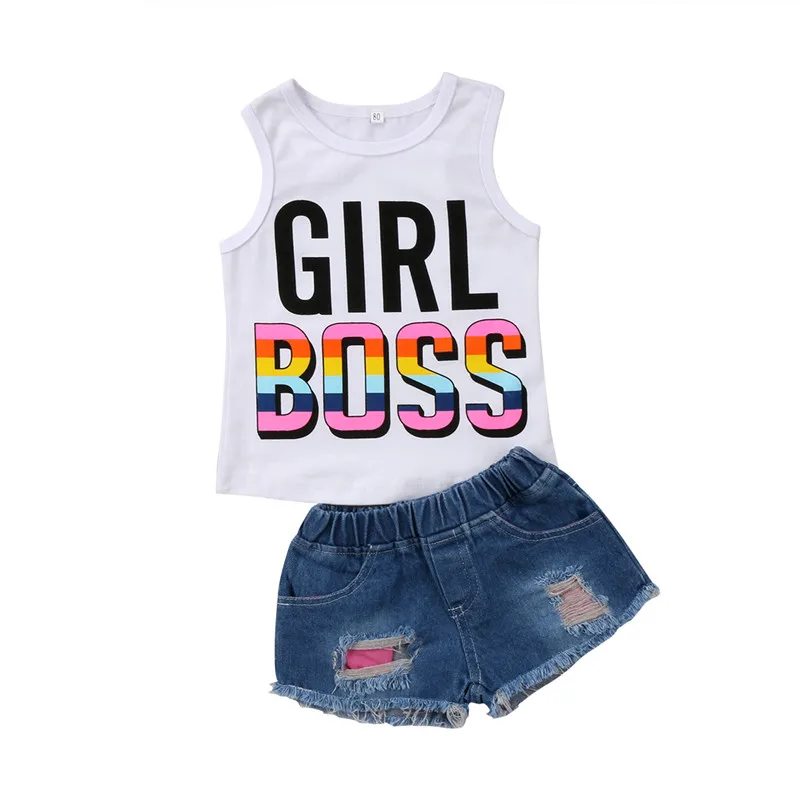 

New Toddler Girls Summer Clothing Girls clothes Baby kids Girls Cotton Sleeveless Vest Tops+Short Denim Jeans 2Pcs Set