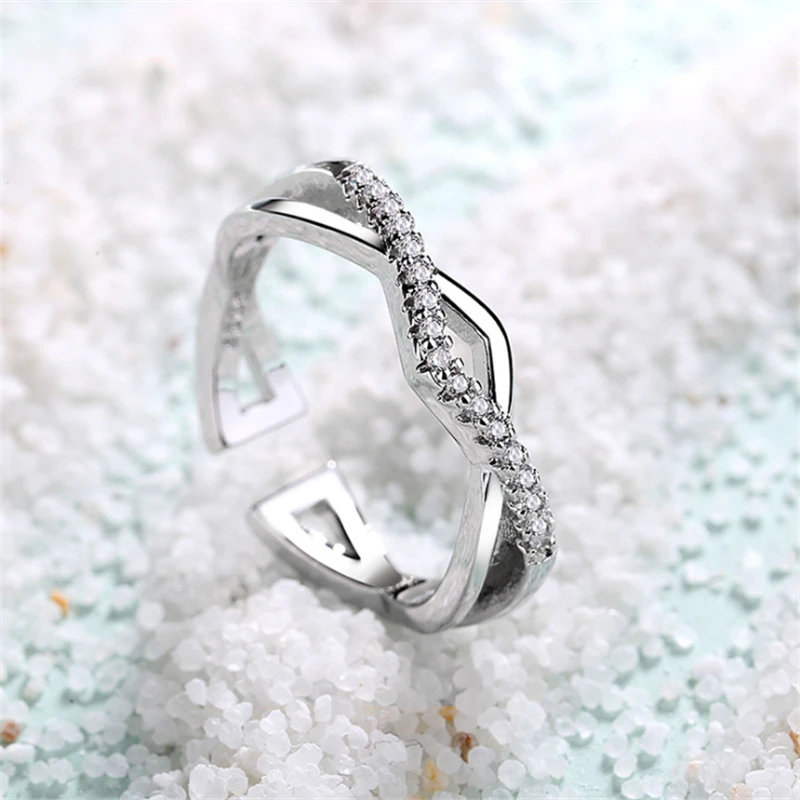 

Hotsale Crystal Rings for Women Fine Jewelry Cross Pave Setting Cubic Zircon CZ Open Rings S925 Sliver Adjustable Wave Ring R272