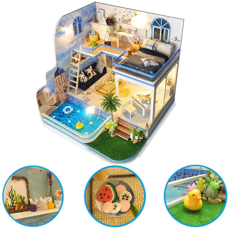 

DIY Miniature Dollhouse DIY Doll house With Furnitures Wooden Handmade House Gift Toys For Children Micro Blue Mark TD17 #E