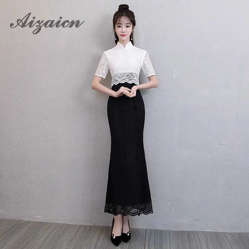 2018 White Black Lace Cheongsam Dress Long Qipao Sexy Elegant Chinese Traditional Dress Qi Pao