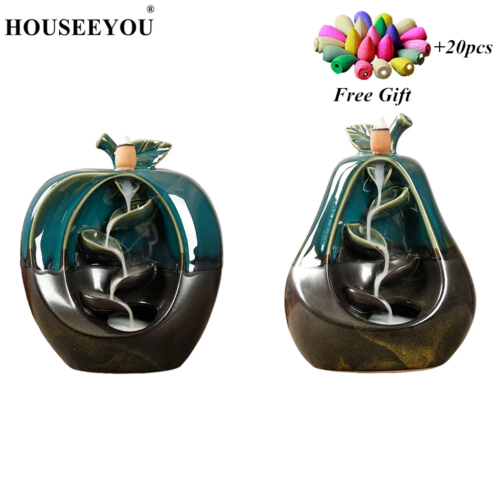 

HOUSEEYOU Apple Pear Shape Backflow Incense Burner Waterfall Aromatherapy Furnace Censer Incense Holder + 20Pcs Incense Cones