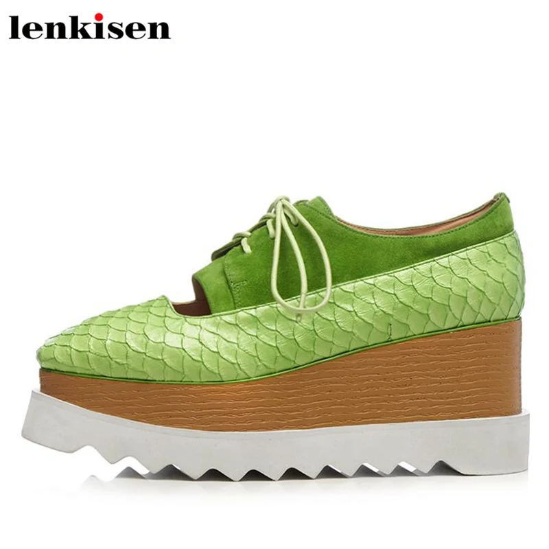 

Lenkisen lace up plus size kid suede platform square toe causal shoes wedges high heels meeting fairy nightclub women pump L18