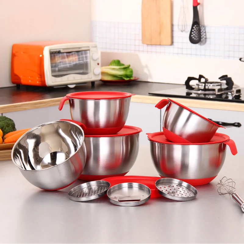 Herogo Set di 5 ciotole in acciaio inox con coperchio blu e fondo in silicone antiscivolo, ciotola in metallo per cuocere, antiruggine e lavabile in lavastoviglie (4,5/2,7/1,5/1,2/0,7 L
