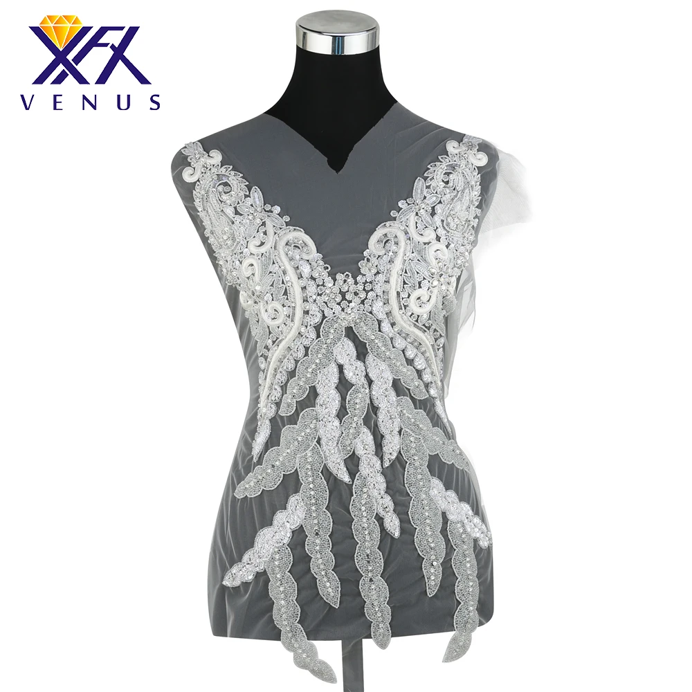 

XINFANGXIU 1Pcs Hand-Sew Rhinestones Beads Patches Embroidered Patch For Wedding Dress Applique Wedding Wonman Garment