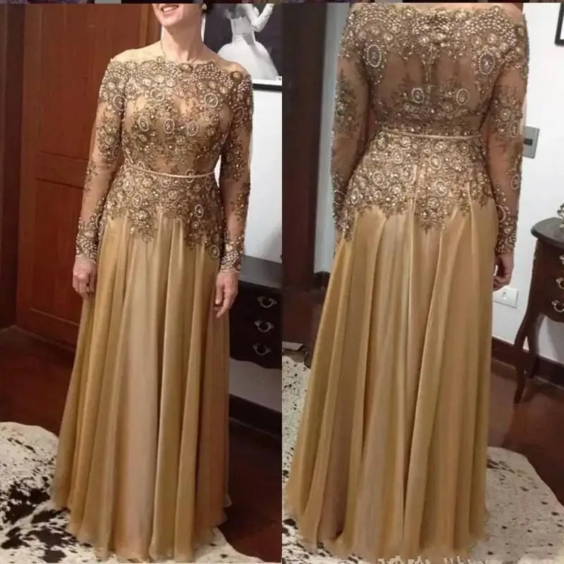 

Gold A-Line Lace Bead Mother of the Bride Dresses 2018 Plus Size Chiffon Floor-length Zipper Back Mother of Groom Bride Formal