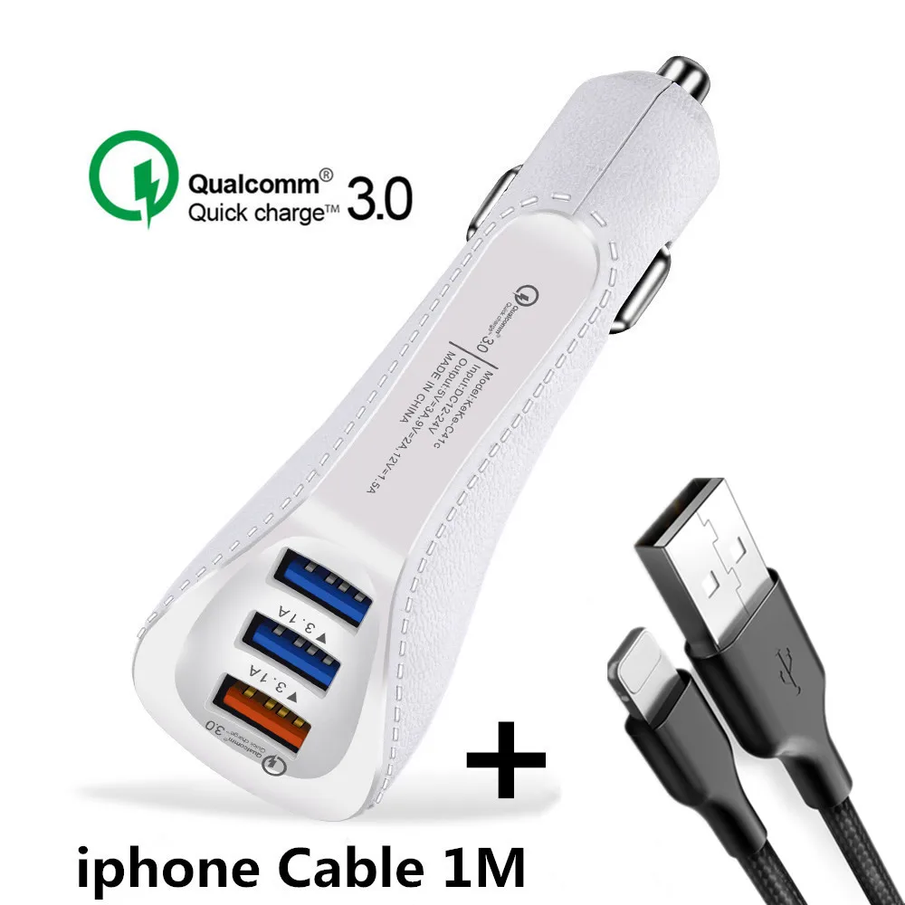 3 Порты устройство для автомобиля с двумя портами USB Зарядное устройство 3.1A кабель для быстрой зарядки с 3,0 Для Iphone samsung huawei Xiaomi Зарядное устройство s зарядное устройство-адаптер USB Зарядное устройство - Тип штекера: White  ip Cable