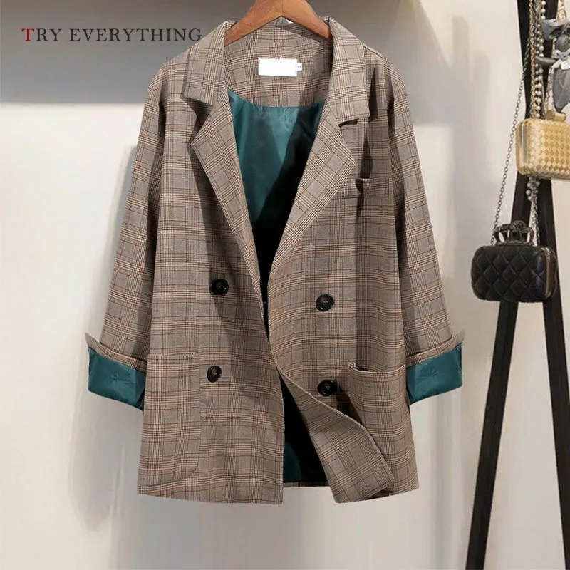 

Brown Plaid Blazer Women 2019 Long Double Breasted Blazers Women Long Sleeve Casual Women Blazers And Jackets Ladies Blazers