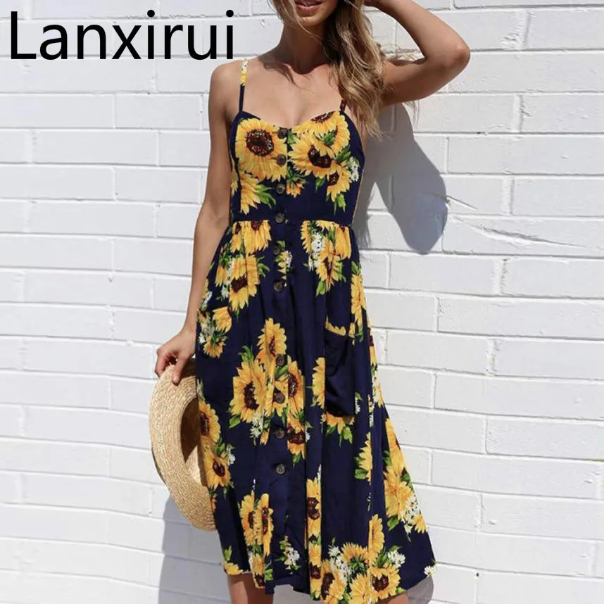 

Lanxirui Dress New High Quality Sexy Printing Buttons Off Shoulder Sleeveless Dress V -Neck Princess Dress Women Feb16