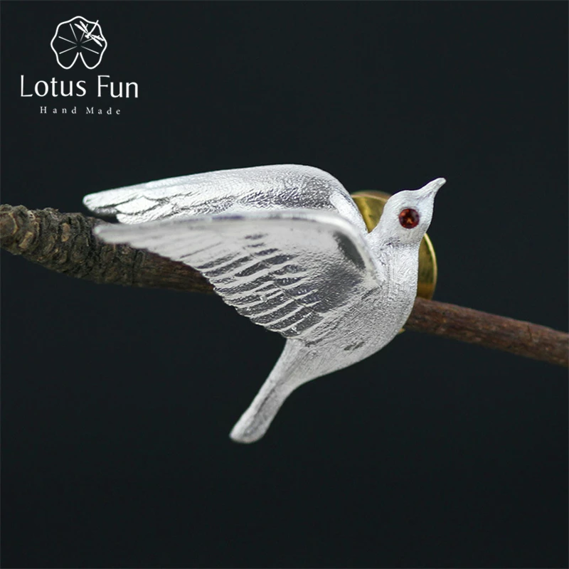 

Lotus Fun Real 925 Sterling Silver Natural Garnet Designer Handmade Fine Jewelry Vintage Flying Bird Women Brooches Broche Pin