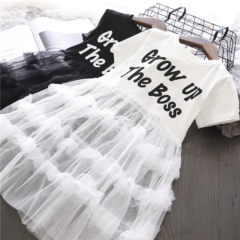 2019 Toddler Baby Girl Kids Clothes Short Sleeve Letter Children Princess Tulle Dress Princess Elegant Dress For Girl V8@ (1)