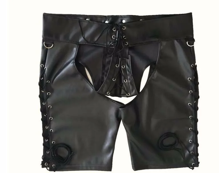 Большие размеры S-XXL Сексуальные облегающие черные из искусственной кожи шорты мужские на шнуровке бондаж Бандаж Нижнее белье открытый приклад Фетиш гей боксеры трусики